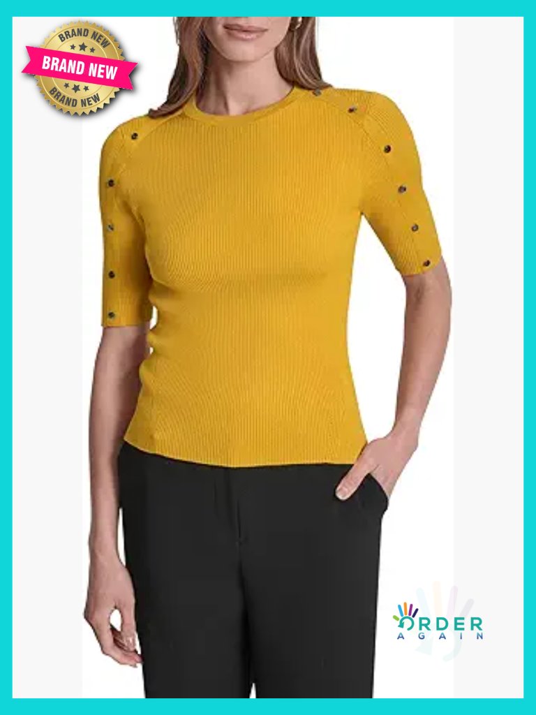 Short Sleeve Crew Neck Blouse Lightweight Ribbed Detailing Tonal Buttons